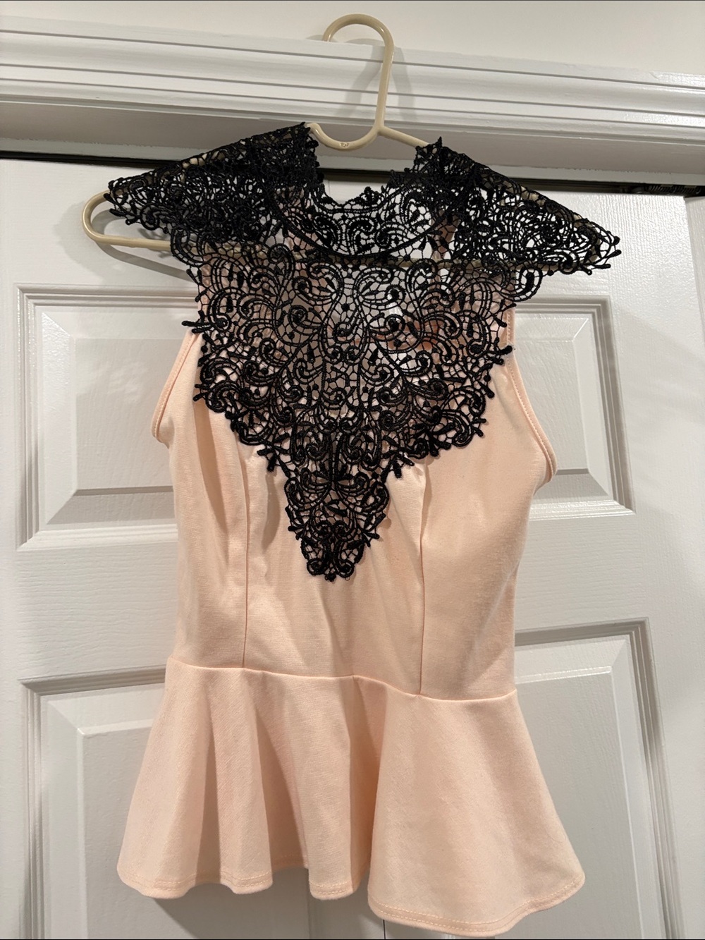 Charlotte Russe Blush Pink Peplum Top with Black Lace Yoke
